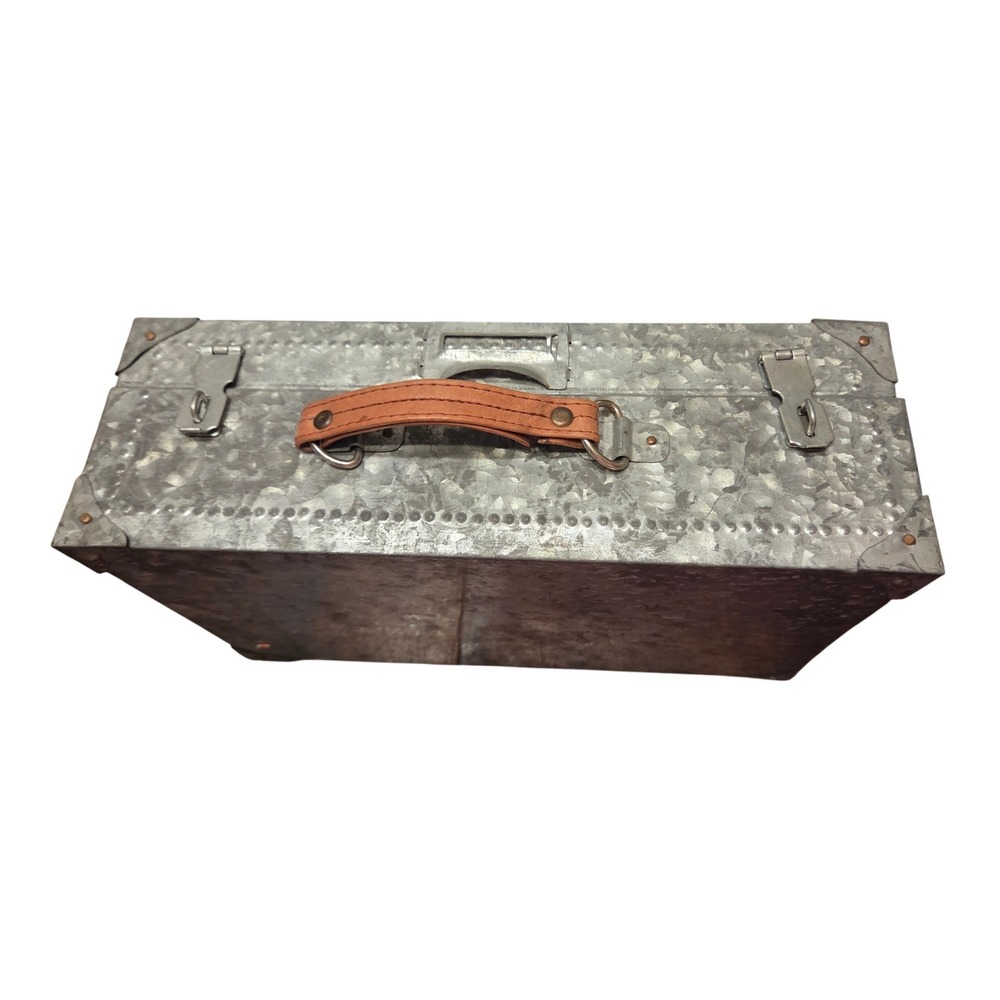 Galvanized Metal Storage Trunk  Silver Industrial Rustic Box Leather Handle - Picture 3 of 7